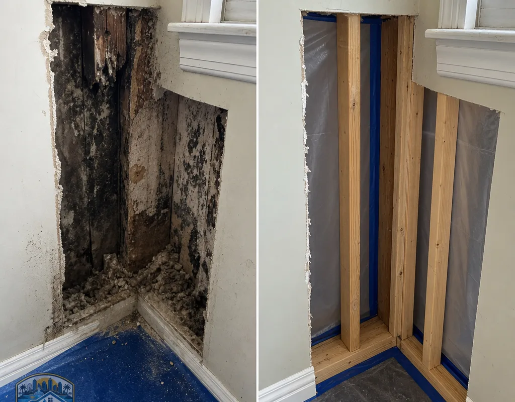 Before and after view of mold-stained drywall removal and cleaned framing inside containment