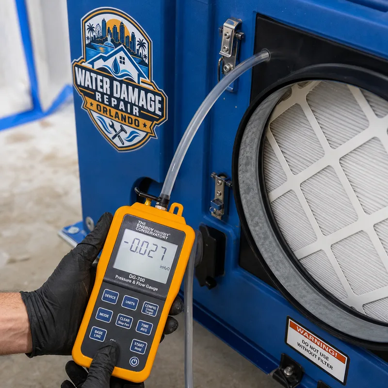 HEPA air scrubber and pressure monitoring equipment maintaining negative air in a contained room