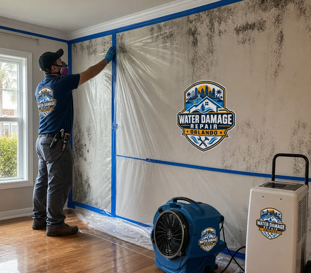 Technician setting up containment with filtration equipment near visible mold staining in an Orlando home