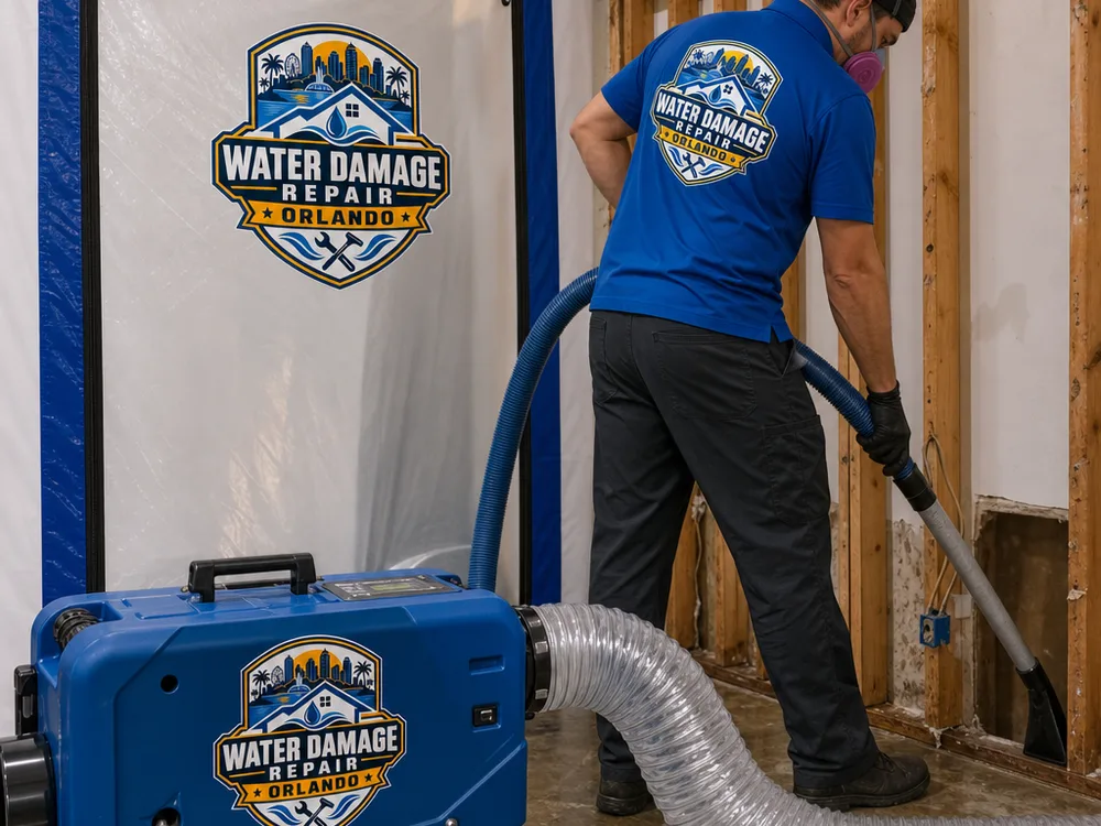 Contained work zone with a HEPA air scrubber and technician cleaning exposed wall studs