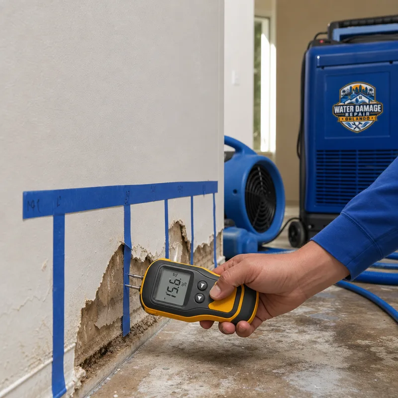 Moisture meter taking readings along drywall with wet zones marked and drying equipment nearby