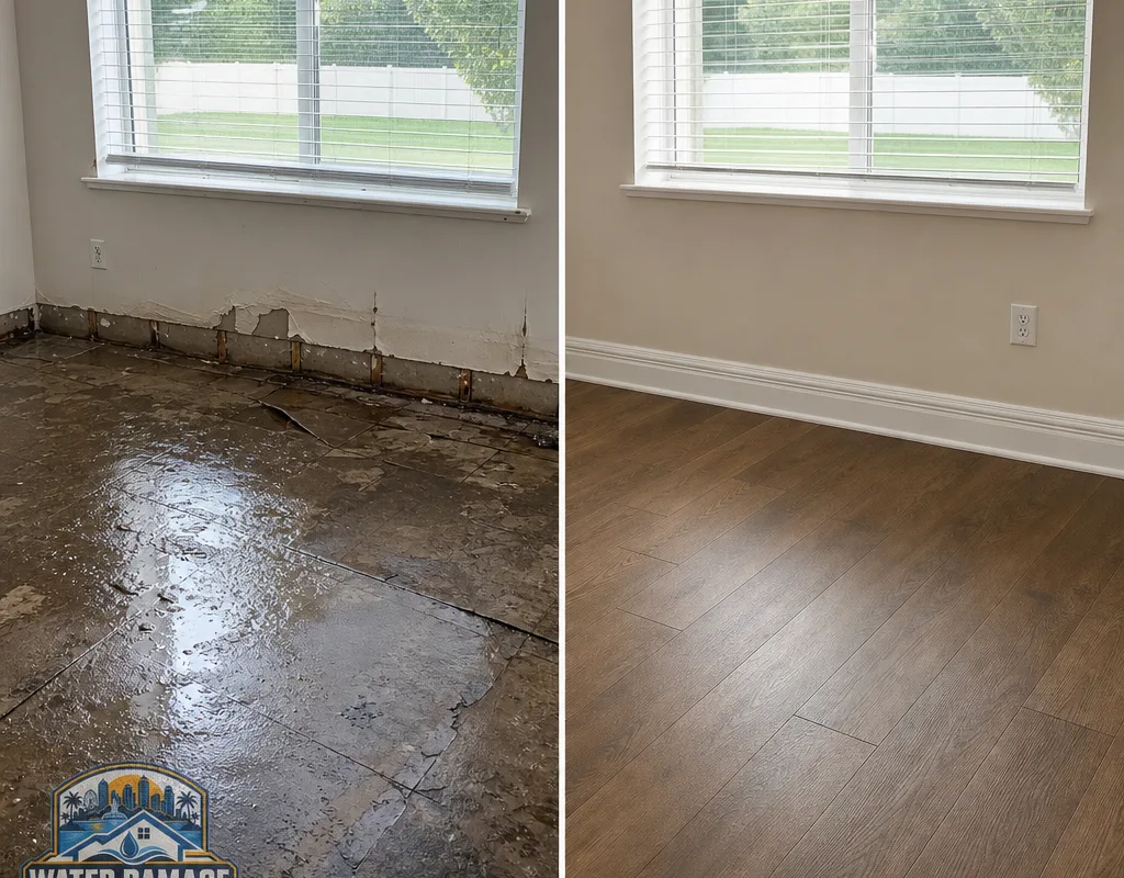 Before and after comparison of a water-damaged room and its repaired finishes