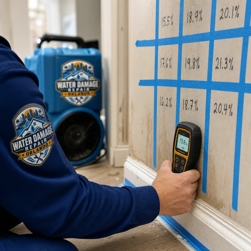 Technician using a moisture meter on drywall beside a marked moisture map