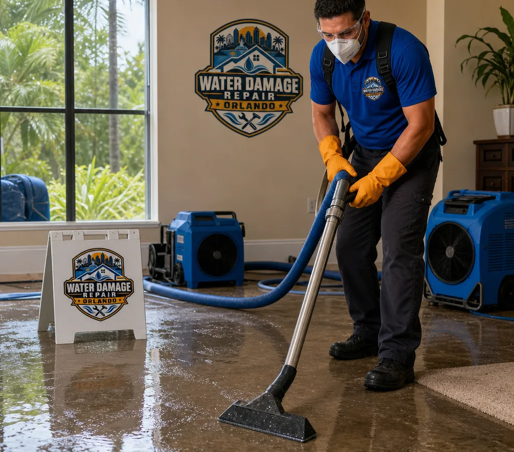 Restoration technician extracting water from wet flooring with dehumidifiers staged in an Orlando home