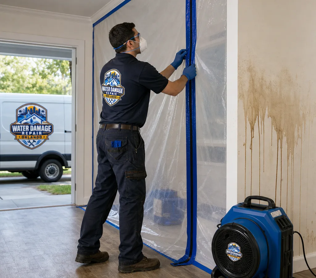 Certified technician setting up containment and HEPA filtration in a Central Florida home with water-stained drywall