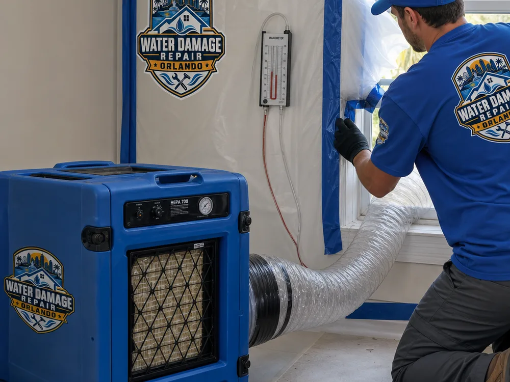 Negative air machine with HEPA filtration and pressure monitoring on a sealed containment wall