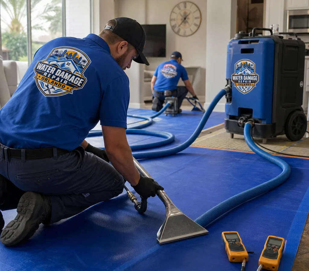 Technicians extracting water from an Orlando home using professional equipment and moisture meters