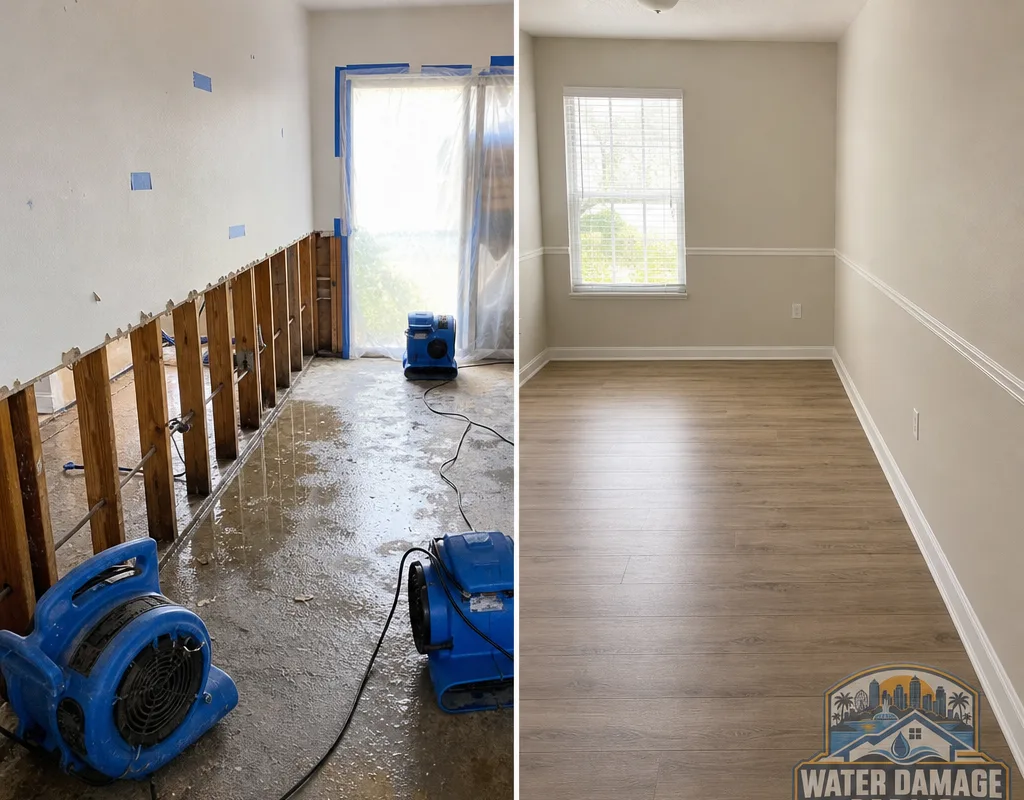 Before and after comparison showing a damaged room during mitigation and after finished drywall, trim, and flooring restoration