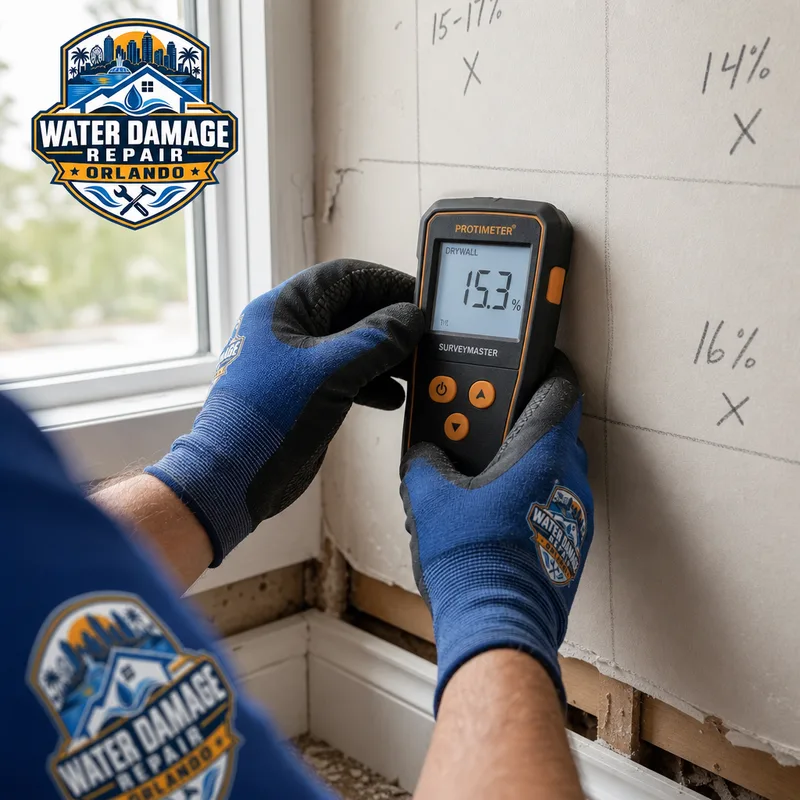 Close-up of a technician taking and marking a moisture meter reading on drywall near a baseboard