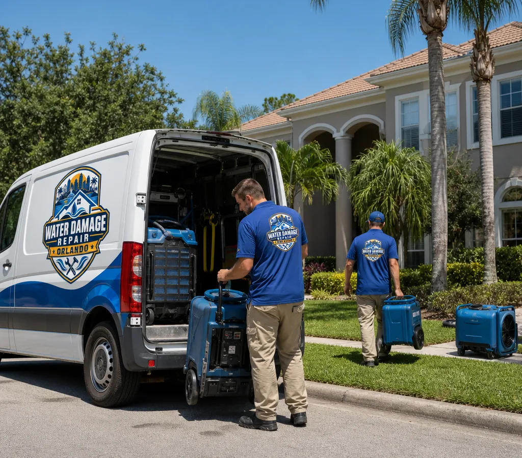 Restoration technicians unloading drying and containment equipment outside an Orlando residential property