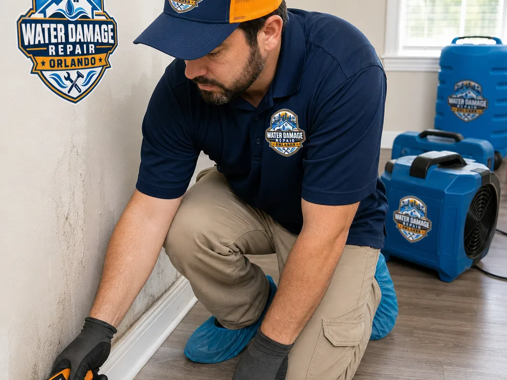 Technician measuring moisture near a wall and baseboard with drying equipment staged in an Orlando home