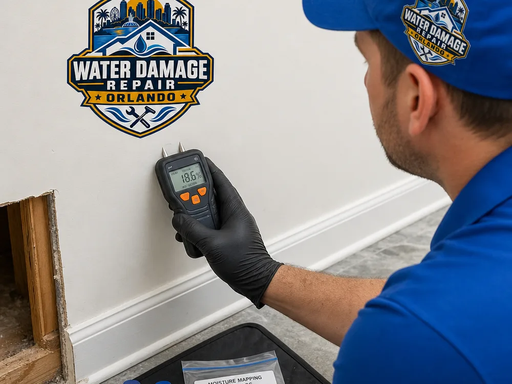 Inspector using a moisture meter on drywall near a baseboard with sampling cassettes and gloves prepared nearby