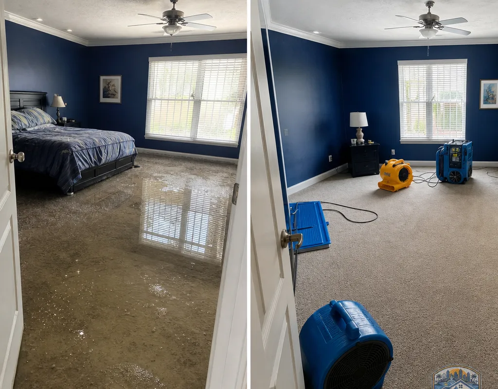 Before and after views of a flooded bedroom following extraction and placement of drying equipment