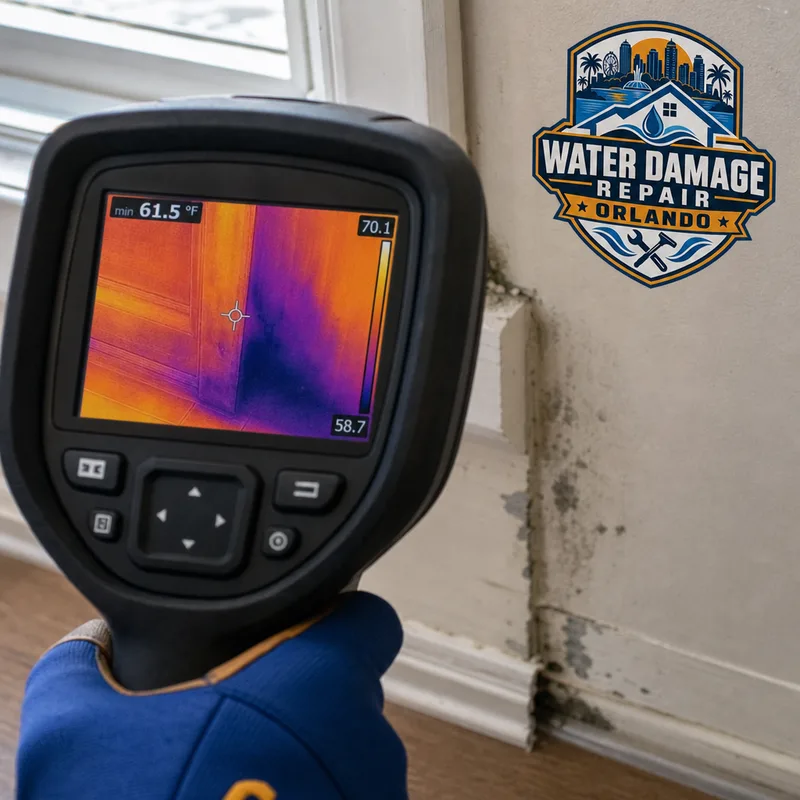 Thermal imaging camera identifying a cool damp area behind a wall near a threshold in an Orlando home