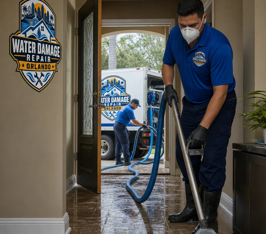 Technicians extracting standing water from a flooded Orlando home hallway with professional extraction equipment