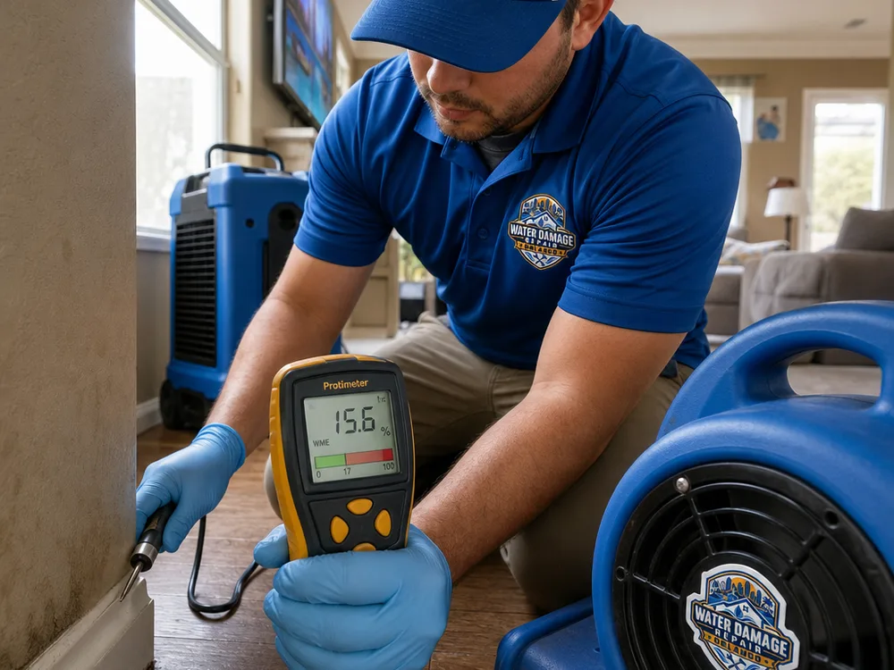 Moisture meter checking drywall and baseboard beside professional drying equipment in an Orlando living room