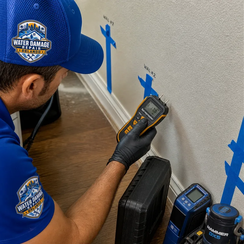 Technician mapping moisture along baseboards and drywall in an Orlando home with drying equipment nearby