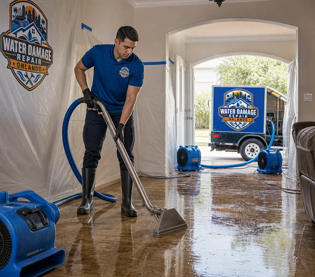 Technician extracting standing water from an Orlando living room with drying equipment and containment staged nearby