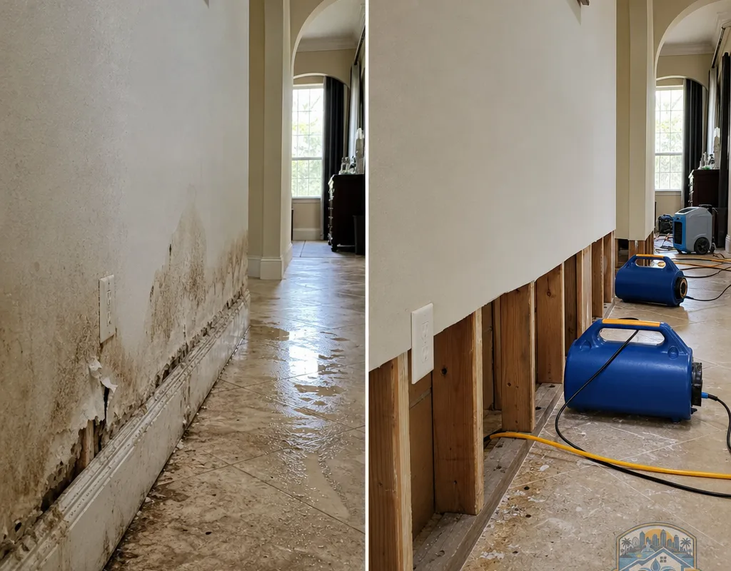 Before-and-after pair of a hallway with wet baseboards and saturated drywall, then the same area opened for drying with clean cuts and equipment staged neatly