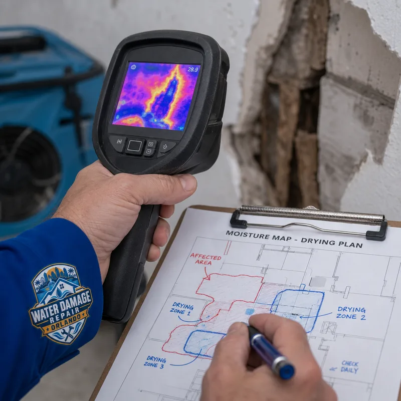 Close-up of thermal imaging or moisture mapping notes showing the outline of affected areas and target drying zones