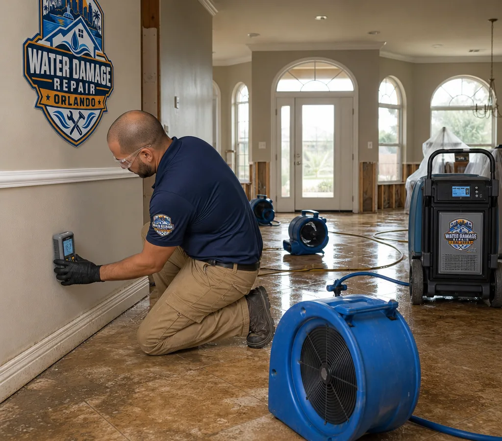 Technician in protective gear using a moisture meter and setting up commercial air movers and a dehumidifier inside an Orlando home with water intrusion