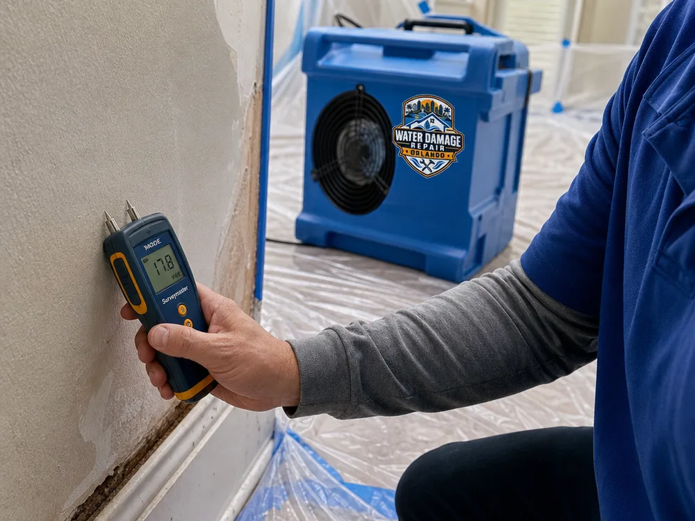 Close-up of a moisture meter reading on drywall next to baseboard with containment plastic and a dehumidifier running in the background