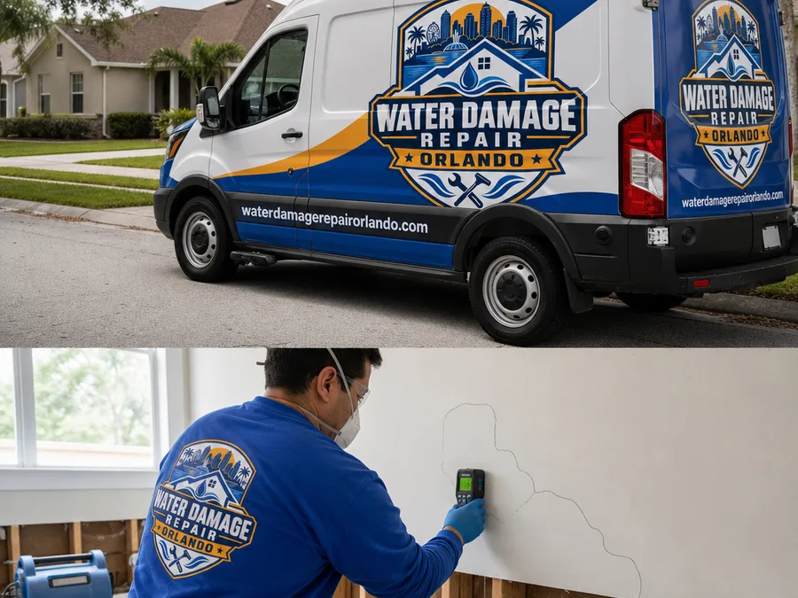 Technician setting up air movers and a dehumidifier in a living room with floor protection and monitored power routing to avoid trip hazards