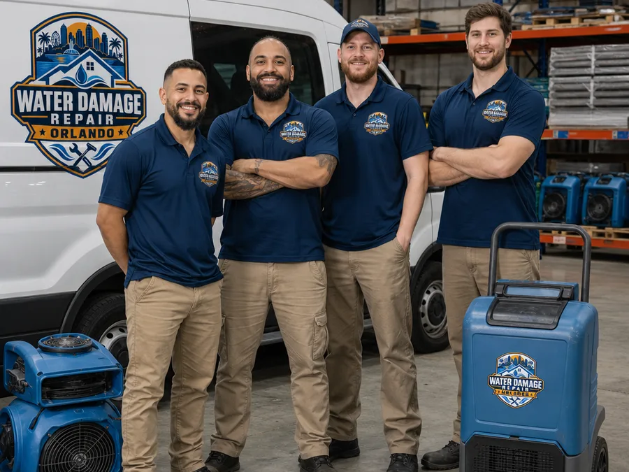 Orlando water damage technicians with a service van and professional drying equipment