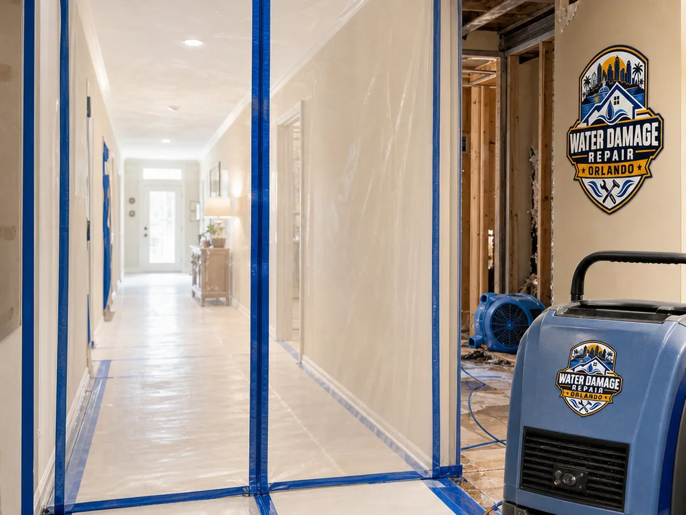 Plastic containment protecting a clean hallway during drying and selective demolition