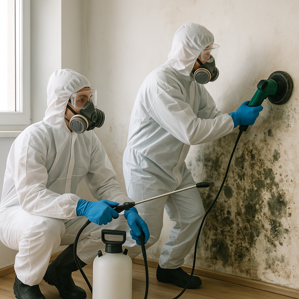 Professional mold remediation technicians treating a water-damaged room