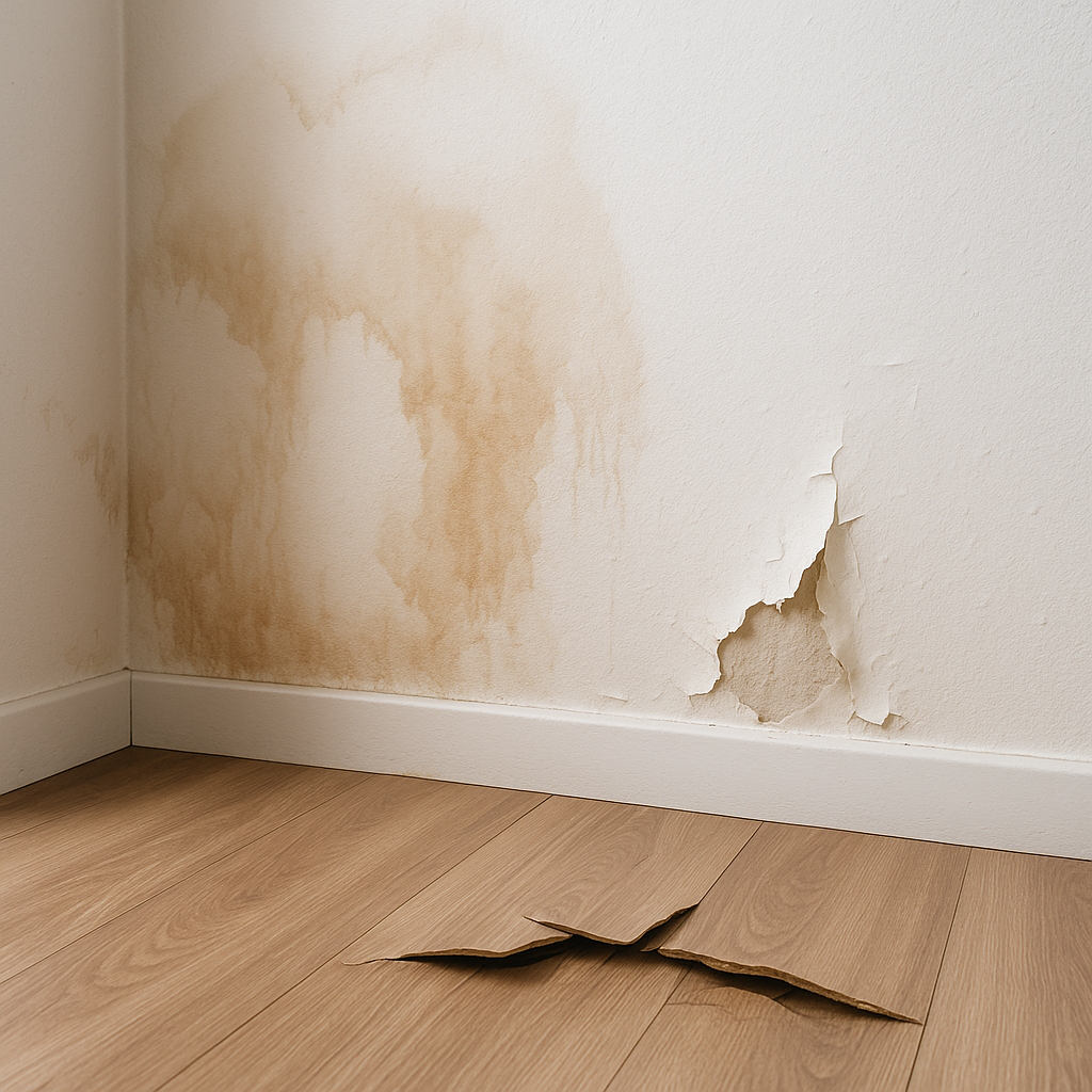 Visible signs of water damage inside a home including stains and warped flooring