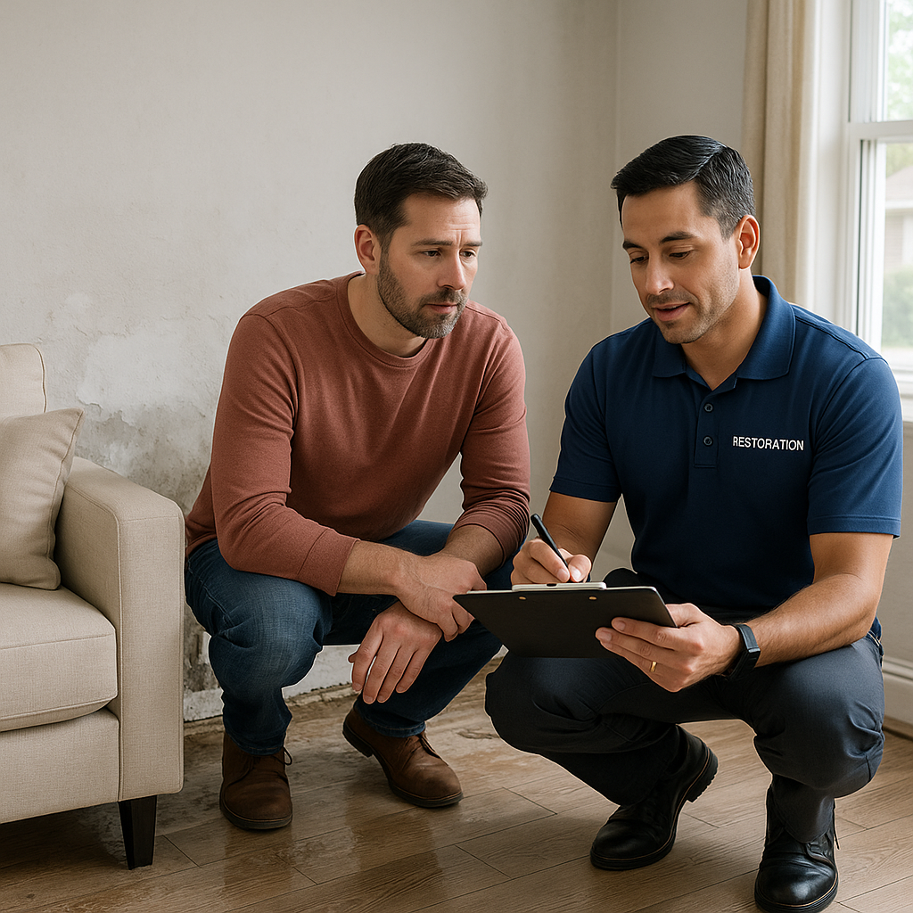 Water restoration professional reviewing damage with a homeowner