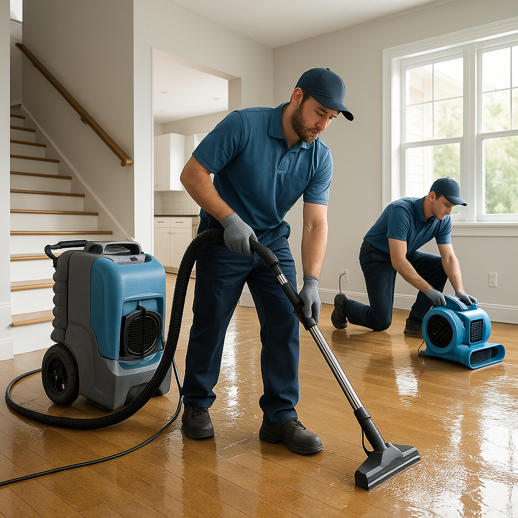 Water damage restoration technicians performing water removal inside a home