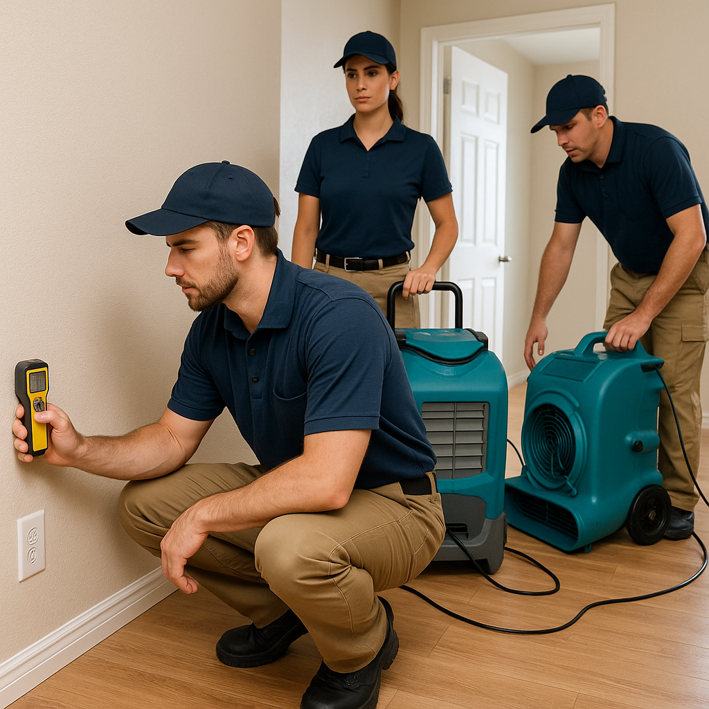 Water restoration technicians inspecting and drying a home after water damage
