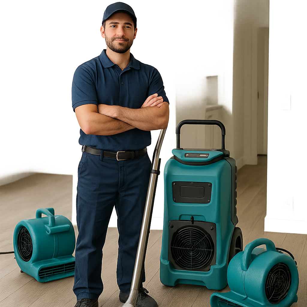Professional water restoration technician standing with drying equipment
